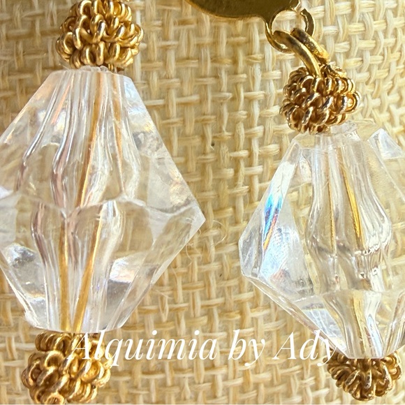 Clear Faceted Statement Earrings with Gold Accents - Picture 2 of 2